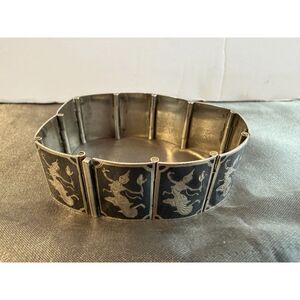Vintage Siam Sterling Silver Niello Goddess Panel Bracelet 56g 7.75”